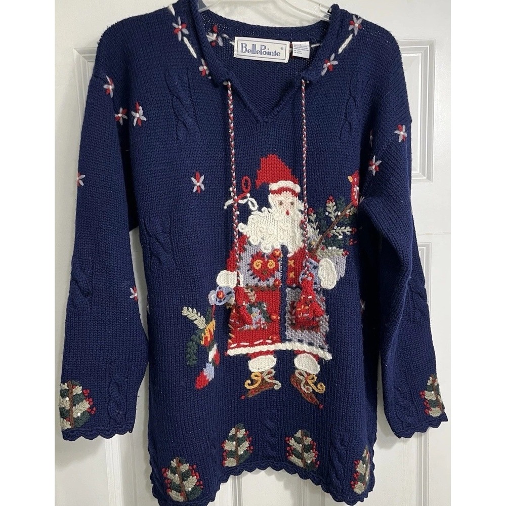 Vintage‎ Belle Pointe Wool Santa Sweater Sz Small Blue Mittens Knitted Flaw